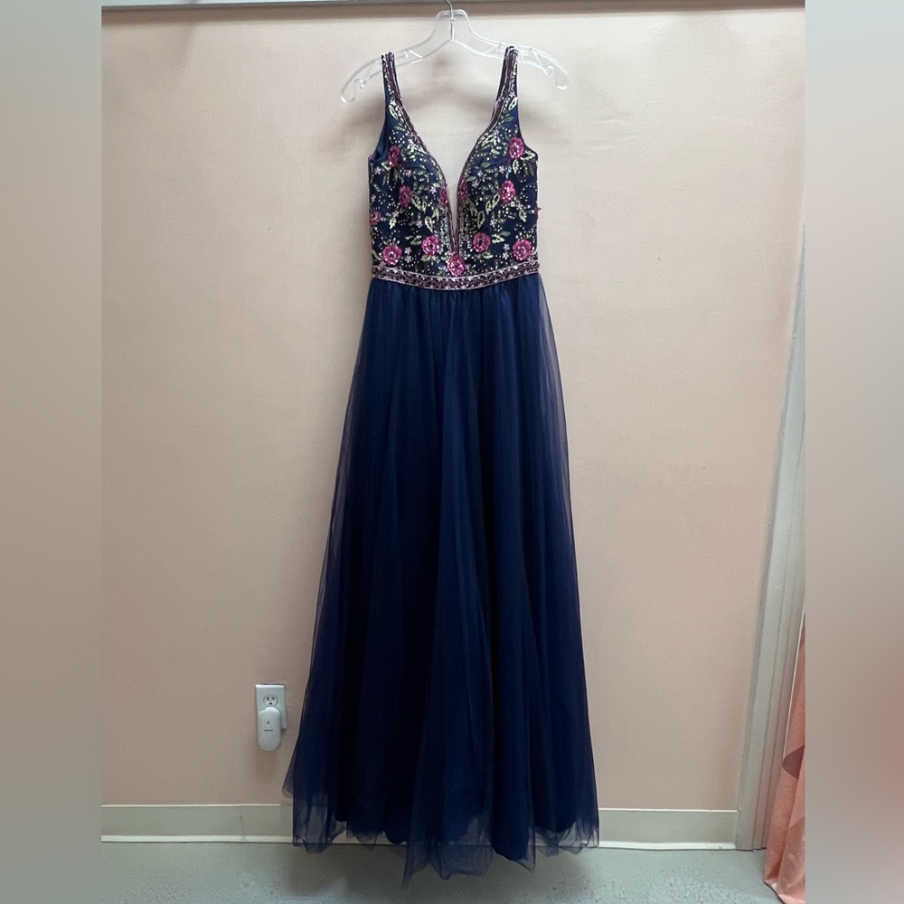 Mori Lee Navy tulle with floral detailing formal dress